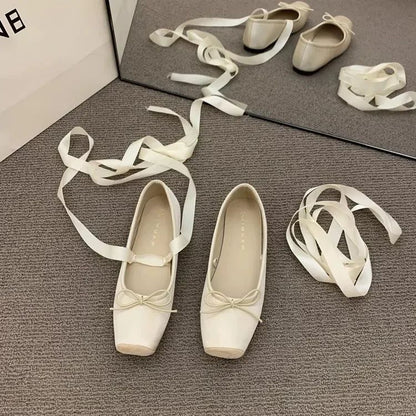 Women Flats Bow Marie Janes Shoes  New Lolita Dress Square Toe Shoes Designer Walking Sandals Female Elegant Zapatos