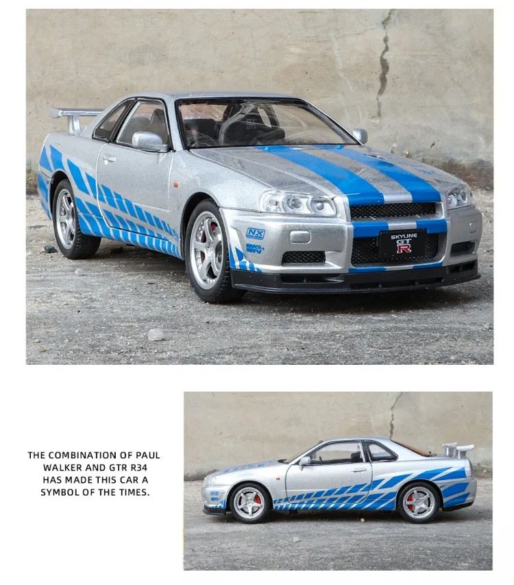 1/24 Nissan Skyline GTR-R34 Velozes e Furiosos Modelo de Carro em Liga Leve com Luz e Som Miniatura Colecionável Veículo de Brinquedo para Meninos
