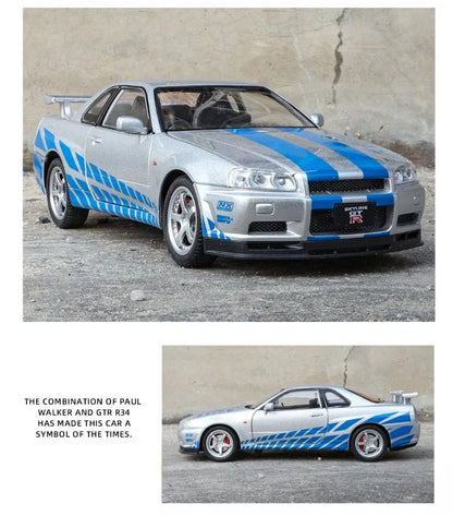 1/24 Nissan Skyline GTR-R34 Velozes e Furiosos Modelo de Carro em Liga Leve com Luz e Som Miniatura Colecionável Veículo de Brinquedo para Meninos