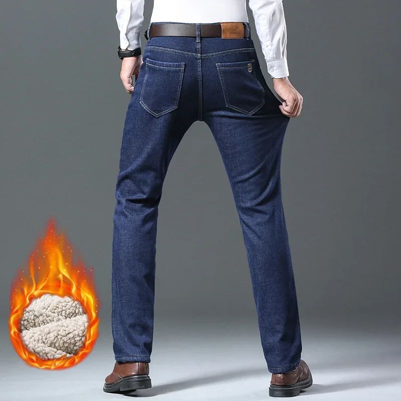 Calça Jeans Masculina de Inverno Forrada de Lã Grossa Sherpa Casual de Negócios Veludo Reta Masculina de Lã Pelúcia Clássica Elástica
