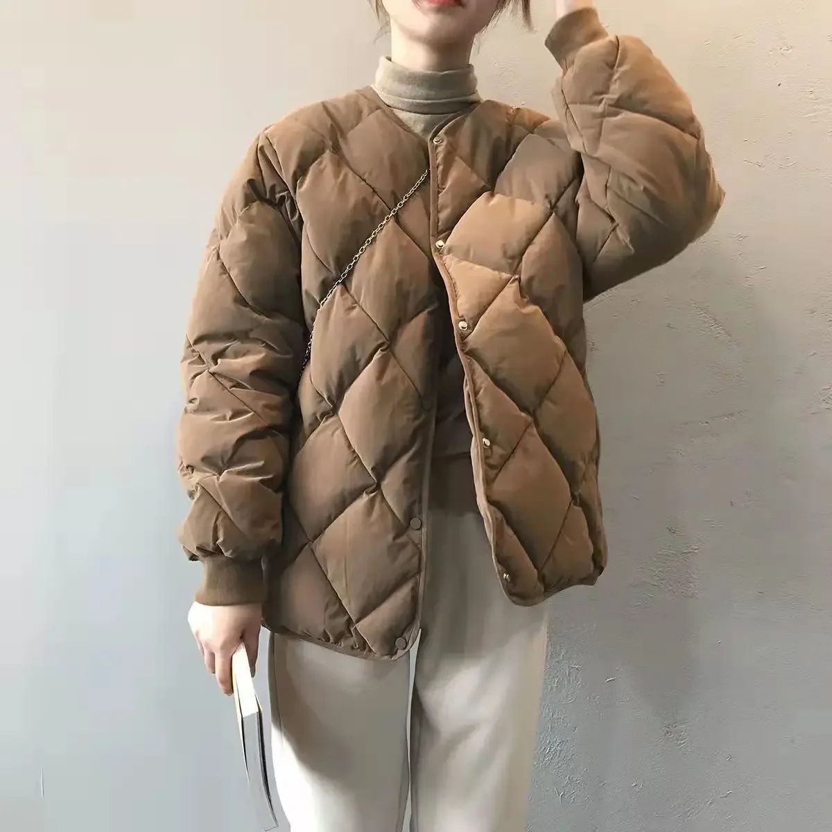 Winter Cotton-Padded Jacket for Women  Autumn New Korean Versatile Lightweight Rhombus Plaid Cotton-Padded Jacket