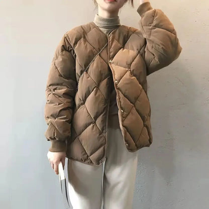 Winter Cotton-Padded Jacket for Women  Autumn New Korean Versatile Lightweight Rhombus Plaid Cotton-Padded Jacket
