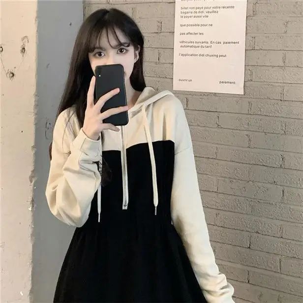 Plus Size Casual Color Blocking Hooded Slimming Dress Early Autumn New Style Drawstring Slim Fit Cropped Versatile Dress For Plu
