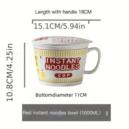 1pc Large Capacity Ceramic Instant Noodle Bowl with Cover?Perfect for Dorms and Home Kitchens - Keep Your Noodles Fresh and Warm