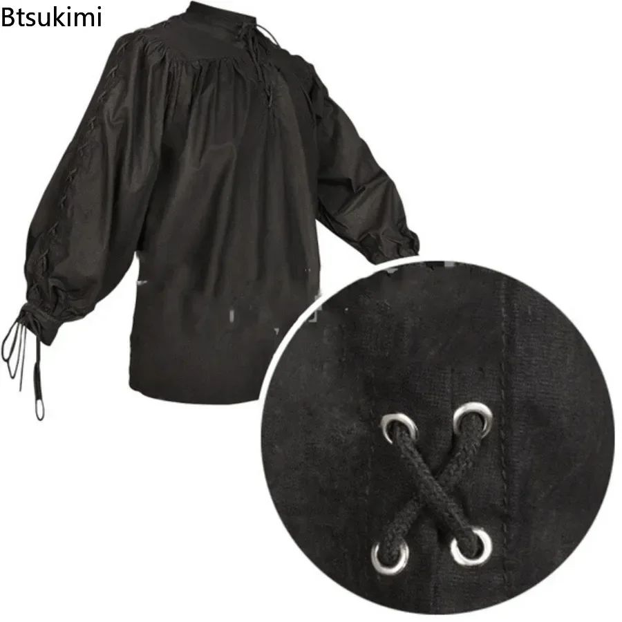 Men Medieval Shirts Drawstring Viking Vintage Sleeve Tunic Cosplay Tops Knight Costume Ruffle Pirate Gothic Neckline Male Shirts