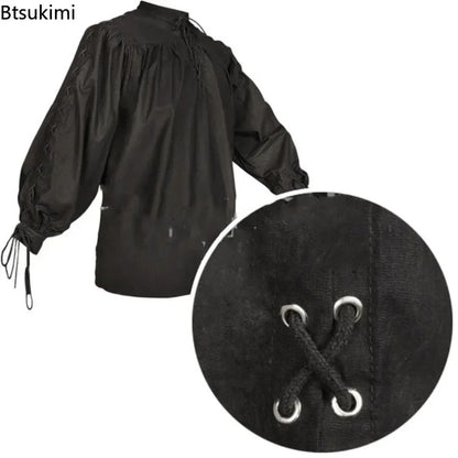 Men Medieval Shirts Drawstring Viking Vintage Sleeve Tunic Cosplay Tops Knight Costume Ruffle Pirate Gothic Neckline Male Shirts