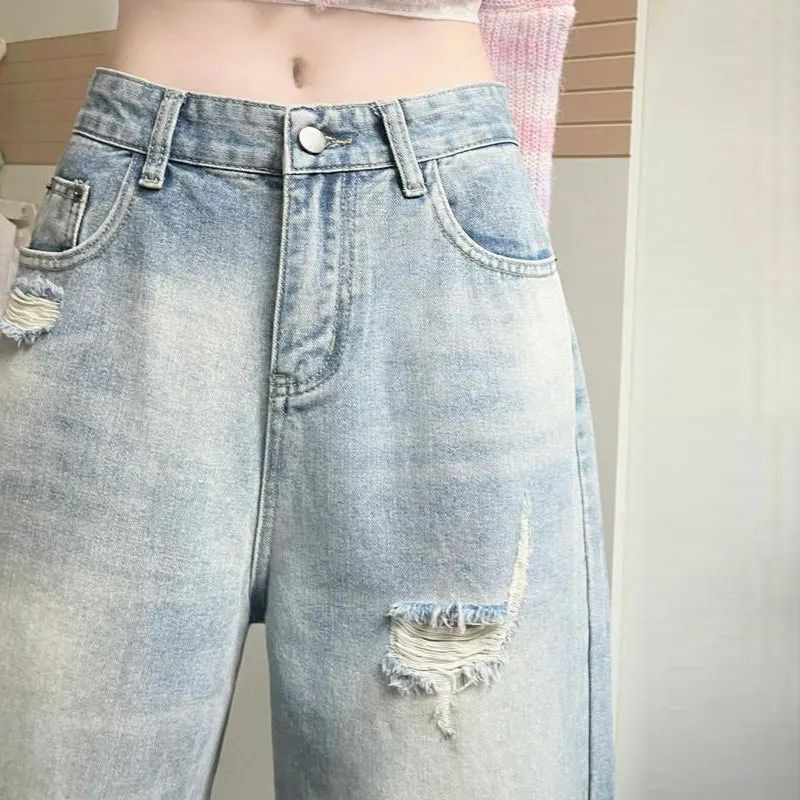 High Waist Wide Leg Straight Cut Jeans Women's Light Wear Distressed Design plus Size Pear Shape Hole Denim Pants