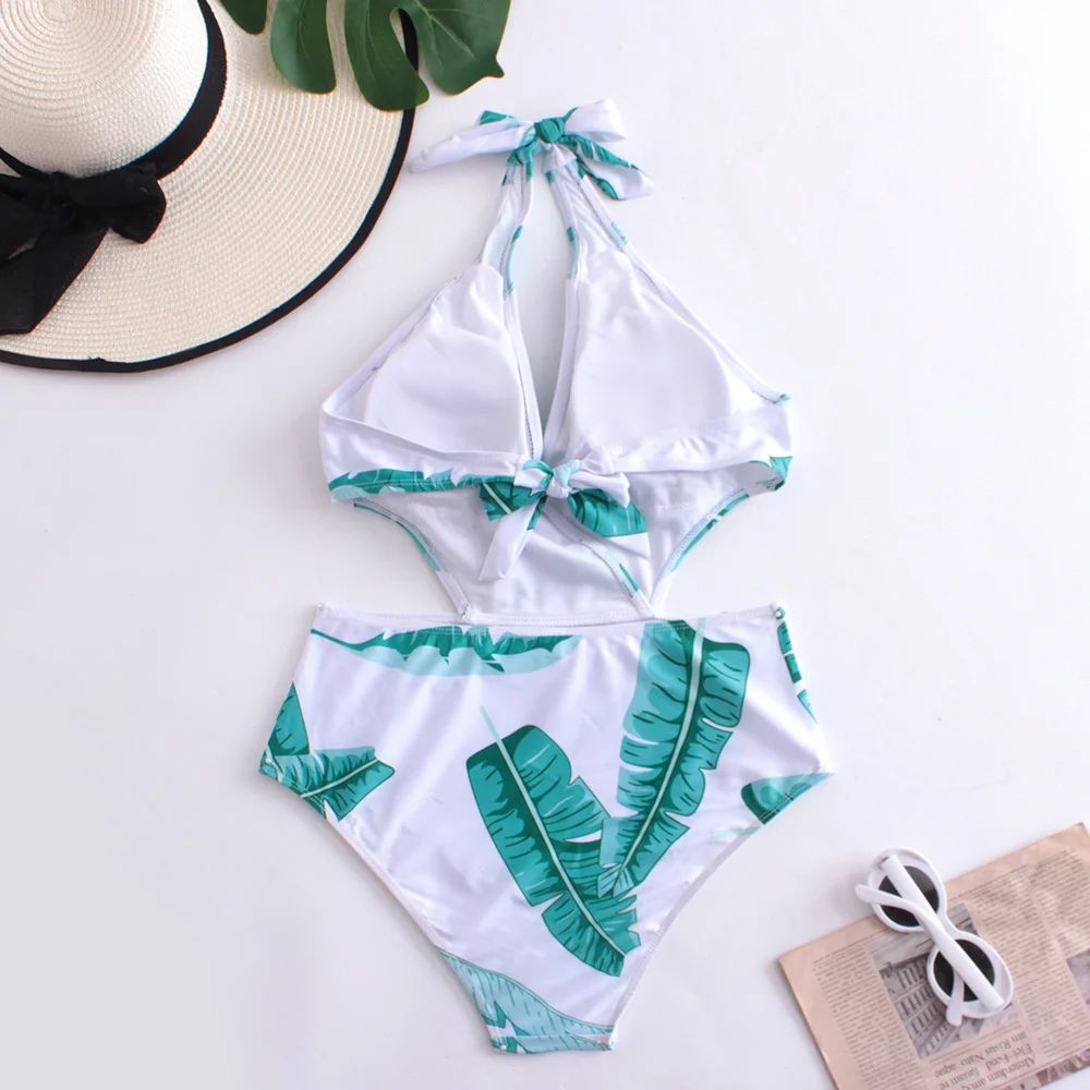 V-neck Halter Bikini Hollow Out Bandage Backless Monokini Vacation Swimwears Women Swimsuit Brazilian Beach Outfit Bathing Suits