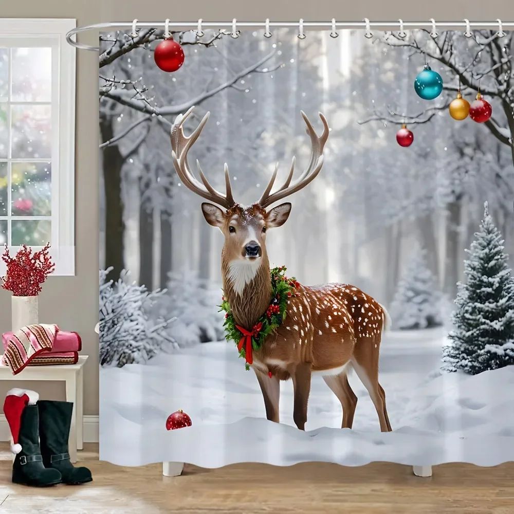 Winter Snow Forest Deer Shower Curtain Christmas Nature Landscape Christmas Gift Polyester Fabric Shower Curtains Bathroom Dec