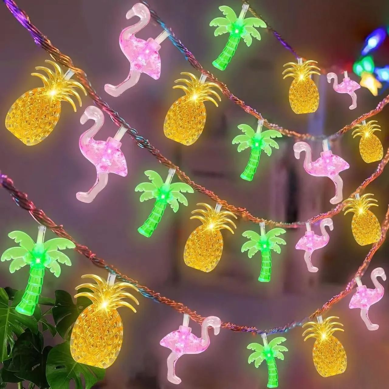 1.5m Summer Hawaii Light String Pineapple Flamingo Tropical Coconut Tree Hangings Happy Beach Hawaiian Birthday DIY Party Decor