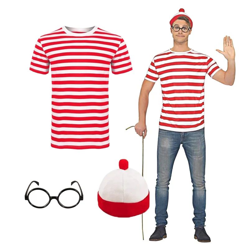 Wheres Youth Family Wally Costume Short Sleeves Glasses and Hat Socks Unisex  Adults Halloween Cosplay Costume