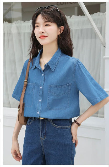Vintageblueshort Sleeves Thin Denim Shirt 2024 Summer New Casual Loose-Fit Hong Kong Style Petite Top For Women