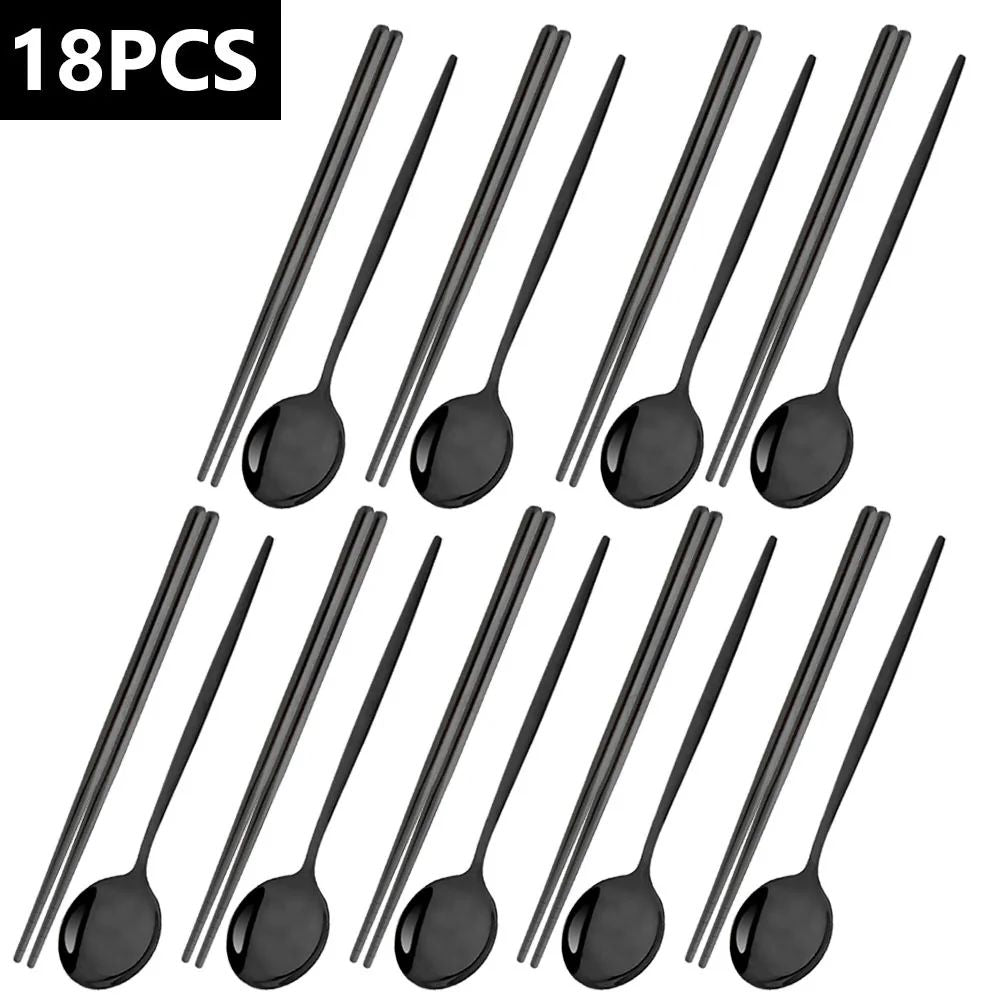 18Pcs Black Gold Dinnerware Dinner Spoons Chopsticks Cutlery Set Stainless Steel Tableware Sets Kitchen Home Silverware Set