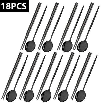 18Pcs Black Gold Dinnerware Dinner Spoons Chopsticks Cutlery Set Stainless Steel Tableware Sets Kitchen Home Silverware Set