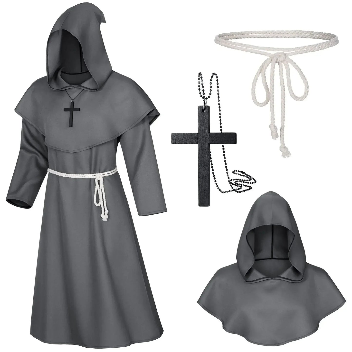 Retro Priest Robe Halloween Cosplay Costume Wizard Fancy Punk Cloak Mask Medieval Monk Robe Hooded Monk Cowl