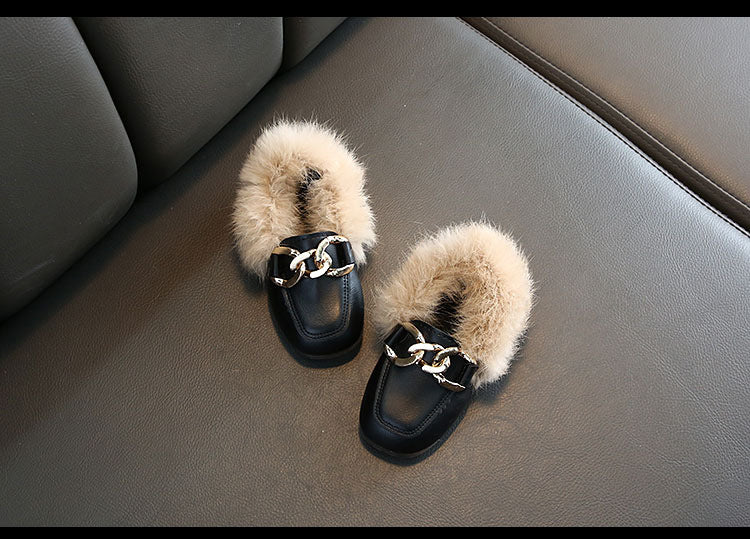 Kids Fur Shoes Children Velvet Shoes Baby Girls Warm Flats Toddler Black Brand Shoes Princess Loafer Chain Moccasin For Winter