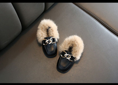 Kids Fur Shoes Children Velvet Shoes Baby Girls Warm Flats Toddler Black Brand Shoes Princess Loafer Chain Moccasin For Winter