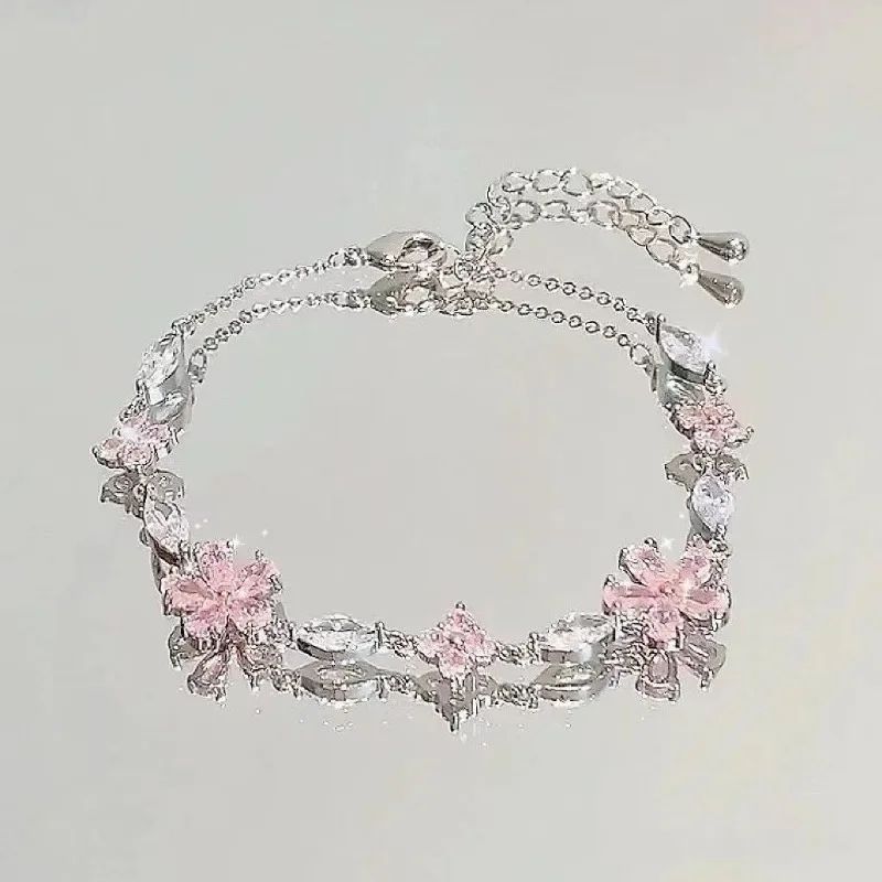 Pulseiras de Cerejeira de Cristal Rosa Brilhante para Mulheres Meninas Doce Lua Laço Flores Zircônia Pulseira Festa Joias Estéticas