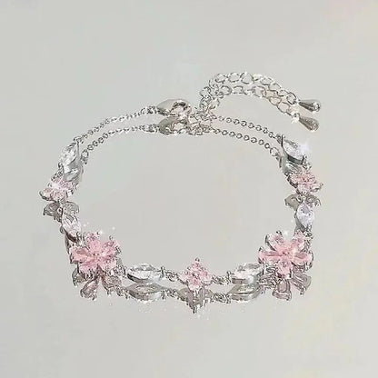 Pulseiras de Cerejeira de Cristal Rosa Brilhante para Mulheres Meninas Doce Lua Laço Flores Zircônia Pulseira Festa Joias Estéticas
