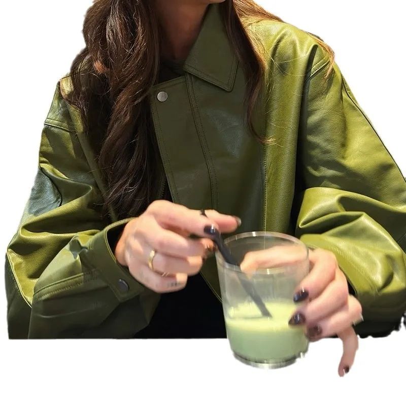 Olive Green Leather Jacket Coat Silhouette Vintage High Street Trend Zipper Lapel Short Overcoat Loose Casual Top Outwear Autumn