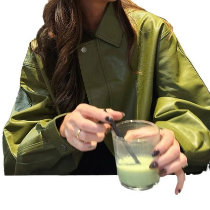 Olive Green Leather Jacket Coat Silhouette Vintage High Street Trend Zipper Lapel Short Overcoat Loose Casual Top Outwear Autumn