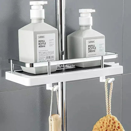Organizador de armazenamento para chuveiro, sem perfuração, suporte para chuveiro de elevação, suporte para sabonete, shampoo, bandeja, prateleiras de poste
