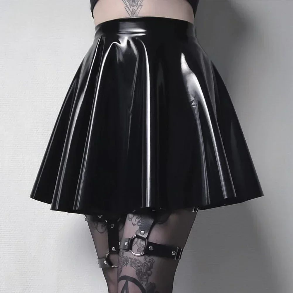 Womens Shiny PVC  Patent Leather Skirt Sexy Wet Look Leather Pleated Skirt Front Bodycon Elastic Latex Mini Short Skirt