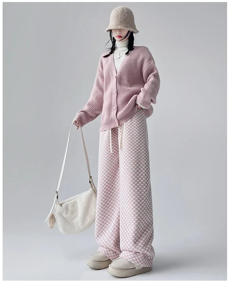 High Waist Wide Leg Pants Women's Autumn Winter New Style Lazy Casual Fleece Woolen Plaid Trousers Fashionable Comfortable
