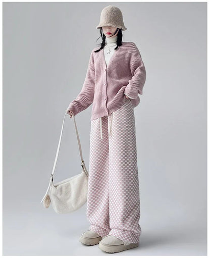 High Waist Wide Leg Pants Women's Autumn Winter New Style Lazy Casual Fleece Woolen Plaid Trousers Fashionable Comfortable