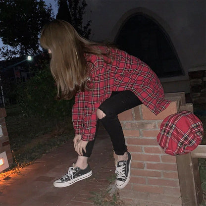 Scottish Red Plaid Shirt Luxury Hong Kong Style Vintage Loose Fit Women's Button up Shirt Polo Collar Full Sleeve Slim Fit