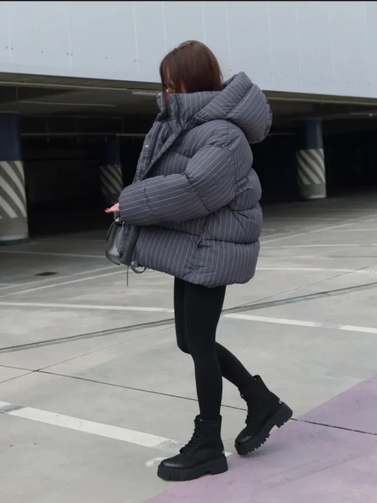 Women's Pinstripe Oversized Puffer Jacket Full Sleeve Detachable Hood Zipper Warm Coat 2025 Autumn Winter Female Casual Wear