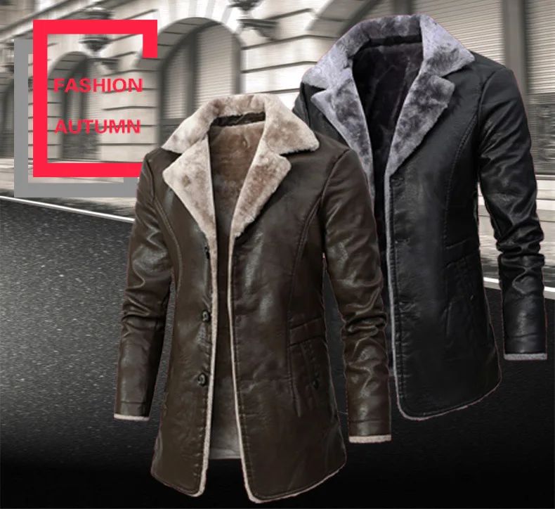Men's Winter Faux Leather Casual Windbreak High Quality Coat Fur Lined Button Trench Coats Men's Down Lapel Collar Jackets