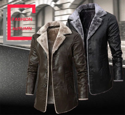 Men's Winter Faux Leather Casual Windbreak High Quality Coat Fur Lined Button Trench Coats Men's Down Lapel Collar Jackets