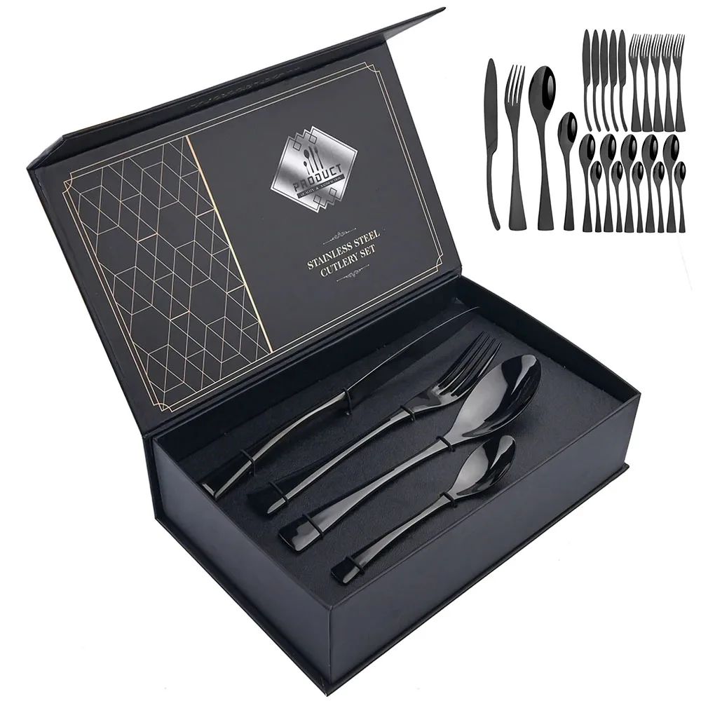 Conjunto de Talheres 24 Peças de Aço Inoxidável 304 Polido Faca Garfo Colher Jogo de Talheres de Cozinha Prata Caixa de Presente