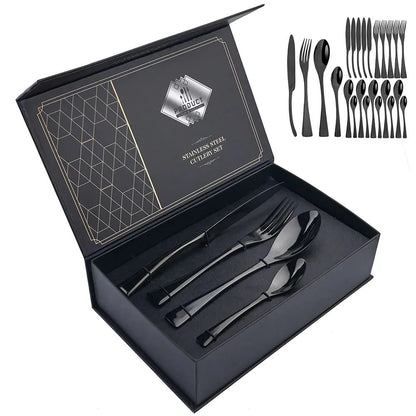 Conjunto de Talheres 24 Peças de Aço Inoxidável 304 Polido Faca Garfo Colher Jogo de Talheres de Cozinha Prata Caixa de Presente