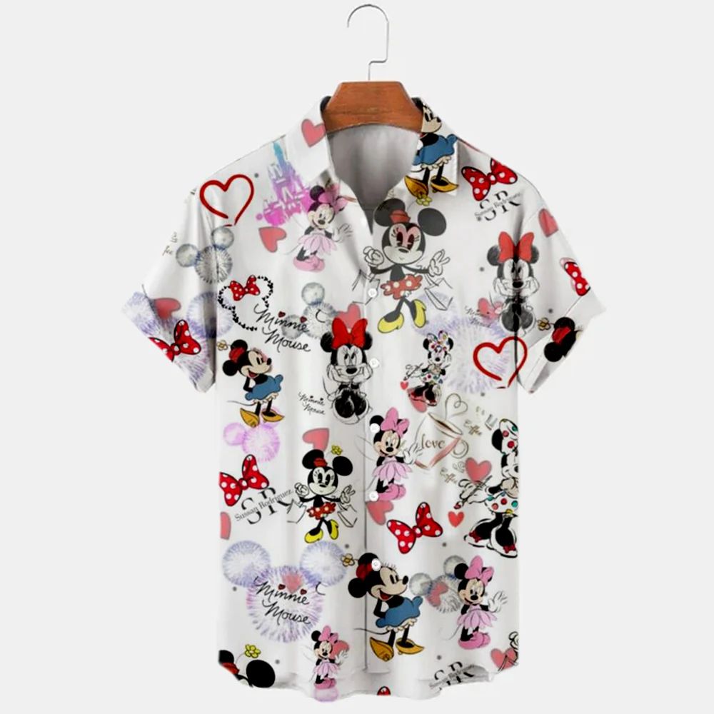 2023 Summer New Men's Casual Trend Fashion Cartoon Mickey Mouse Goofy Needle Harajuku Summer Top Men's Lapel Short Sleeve Shirt