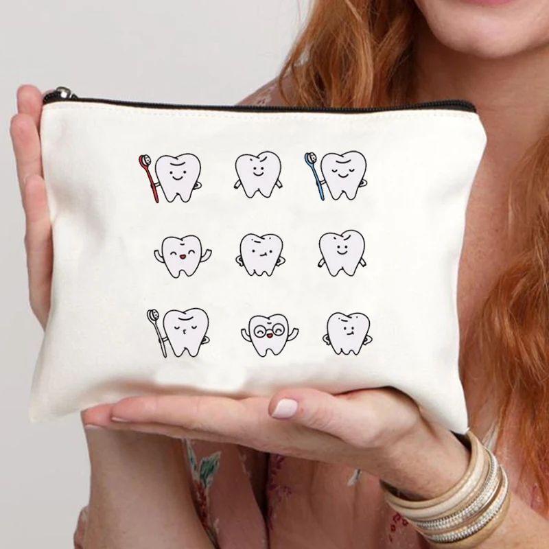 2024 Cute Teeth Cartoon White Zipper Makeup Bag Dental Clinic Storage Bag Women's Single Party Minimalist Decorative Handbag
