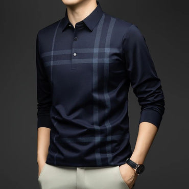 BROWON Graphic Polo Shirt Men 2025 Autumn New Business Slim Long Sleeve T Shirt Man Casual Loose Printed Striped Clothes for Men