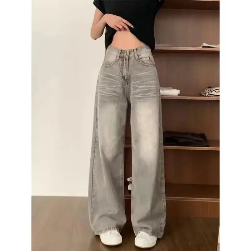 High Waist Wide Leg Jeans Women's Vintage Spring Autumn Slimming Straight Floor-Length Pants American Style Loose Fit