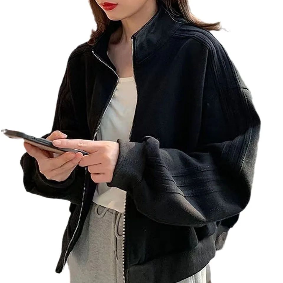 Short Sweatshirt Jacket Women's Autumn Winter Student Versatile Three Stripe Jacket Loose Fit Casual Style New Hot Sale Of The S