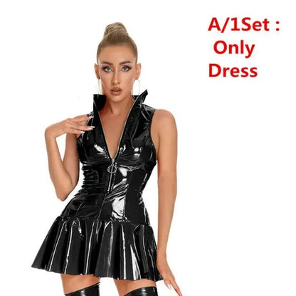 Women's Leather Dress Plus Size Women Sexy Shiny PVC Latex Mini Skirt With Gloves And Stocking Pole Dance Pleated Latex Dress