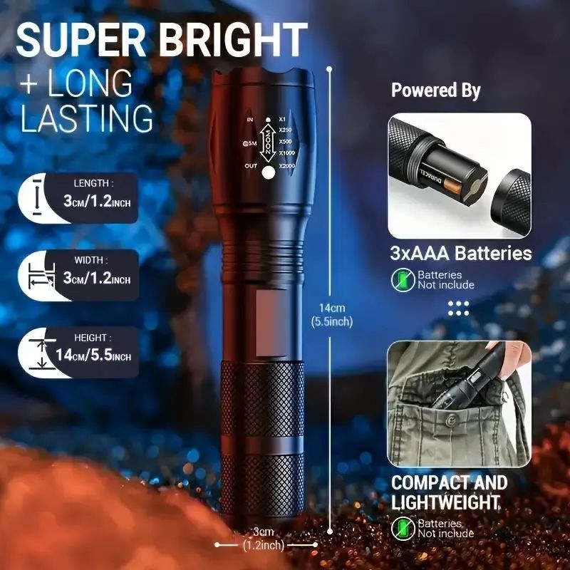 High Power LED Flashlight T6 Aluminum Alloy Zoomable Tactical Torch Battery powered Waterproof Outdoor Light For Camping Lantern