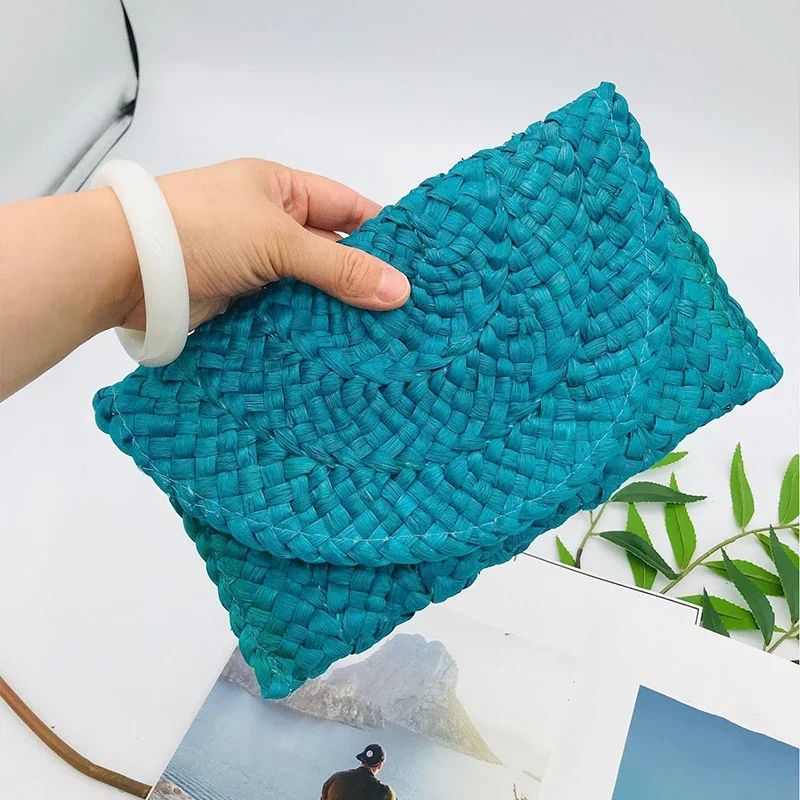 Fashionable Corn Husk Straw Bags Hand-woven Women Clutch Envelope Handbag Long Purse for Female Summer Beach Bag Bolsa 2024