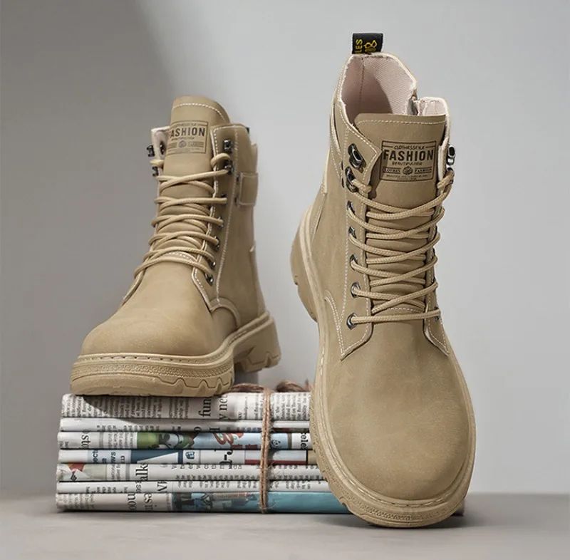 High Top Men's Shoes for Spring and Autumn, New Anti Slip and Waterproof Desert Boots Outdoor Zipper Hiking Shoes Work Boots