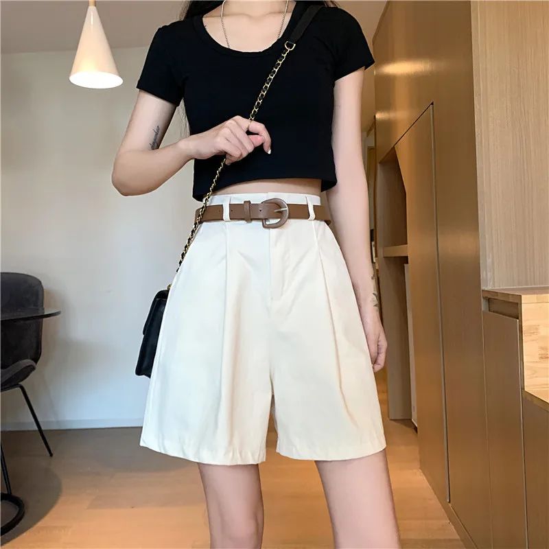 Workwear Shorts for Women High Waist Summer Wide-leg Shorts Belt Khaki Casual Cotton Korean Fashion Solid Pocket Womens Shorts