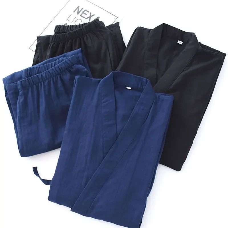 Men's Cotton Kimono Robes Pajamas Clothes Thin Spring and Autumn Black and Navy Colors Home Clothes Loose Casual Men Robe Sets