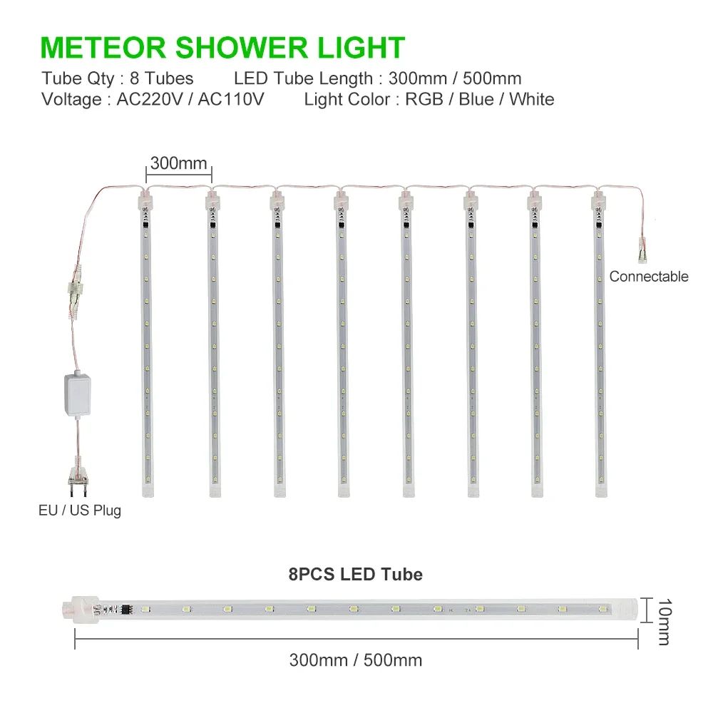 2026 30cm /50cm Waterproof Meteor Shower Rain 8 Tube LED String Lights For Outdoor Holiday Christmas Decoration Tree EU/US Plug