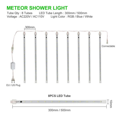 2026 30cm /50cm Waterproof Meteor Shower Rain 8 Tube LED String Lights For Outdoor Holiday Christmas Decoration Tree EU/US Plug