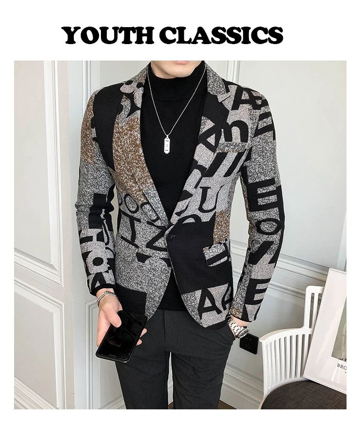 Men's New Suit Jacket Autumn and Winter Men's Letter Printed Suit Jacket Slim Lapel Comfortable Suit Jacket Fashion Woolenjacket
