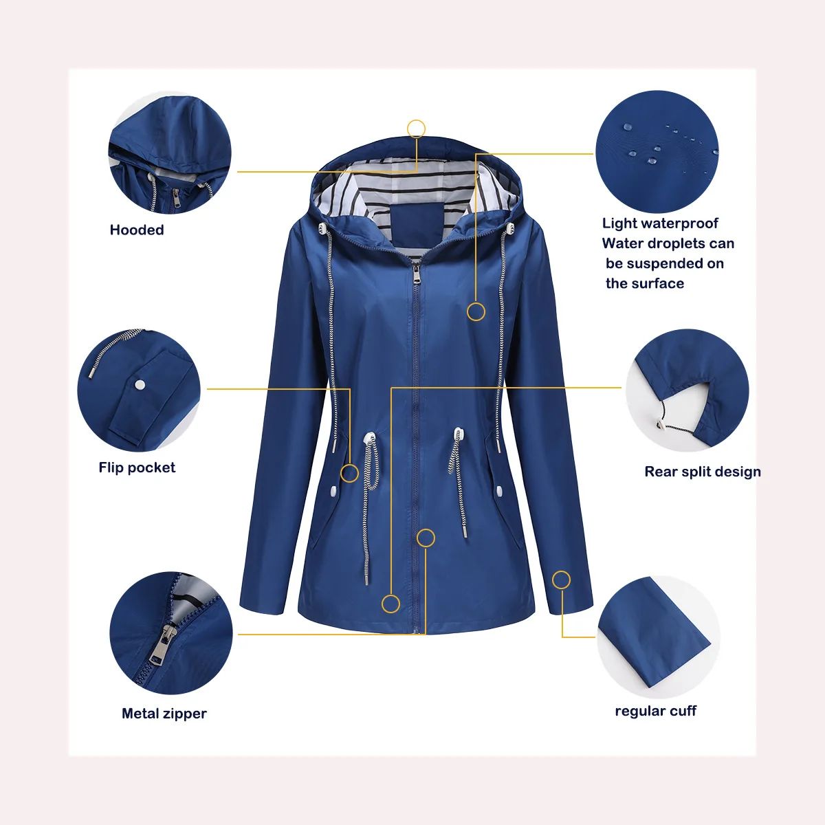 Blue Waterproof Hooded Jacket Women Fashion Casual Coat Waist Drawstring Tie Zipper Switch Red Green Yellow Black Windbreaker